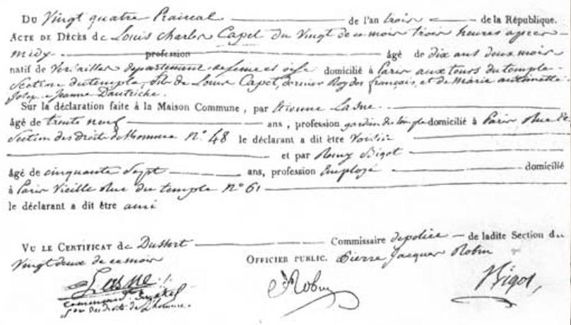 Acte de décès de Louis Charles Capet (Louis XVII)