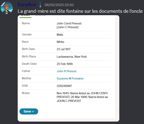 Screenshot Discord : "La grand-mère est dite fontaine sur les documents de l'oncle"